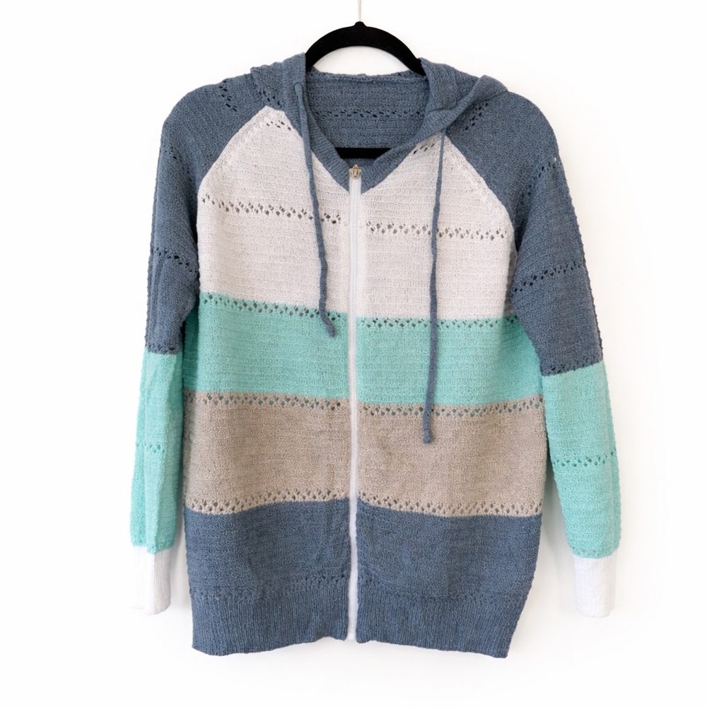 Colorblock Hooded Cardigan Lightweight Medium Knit Zip Up Boho